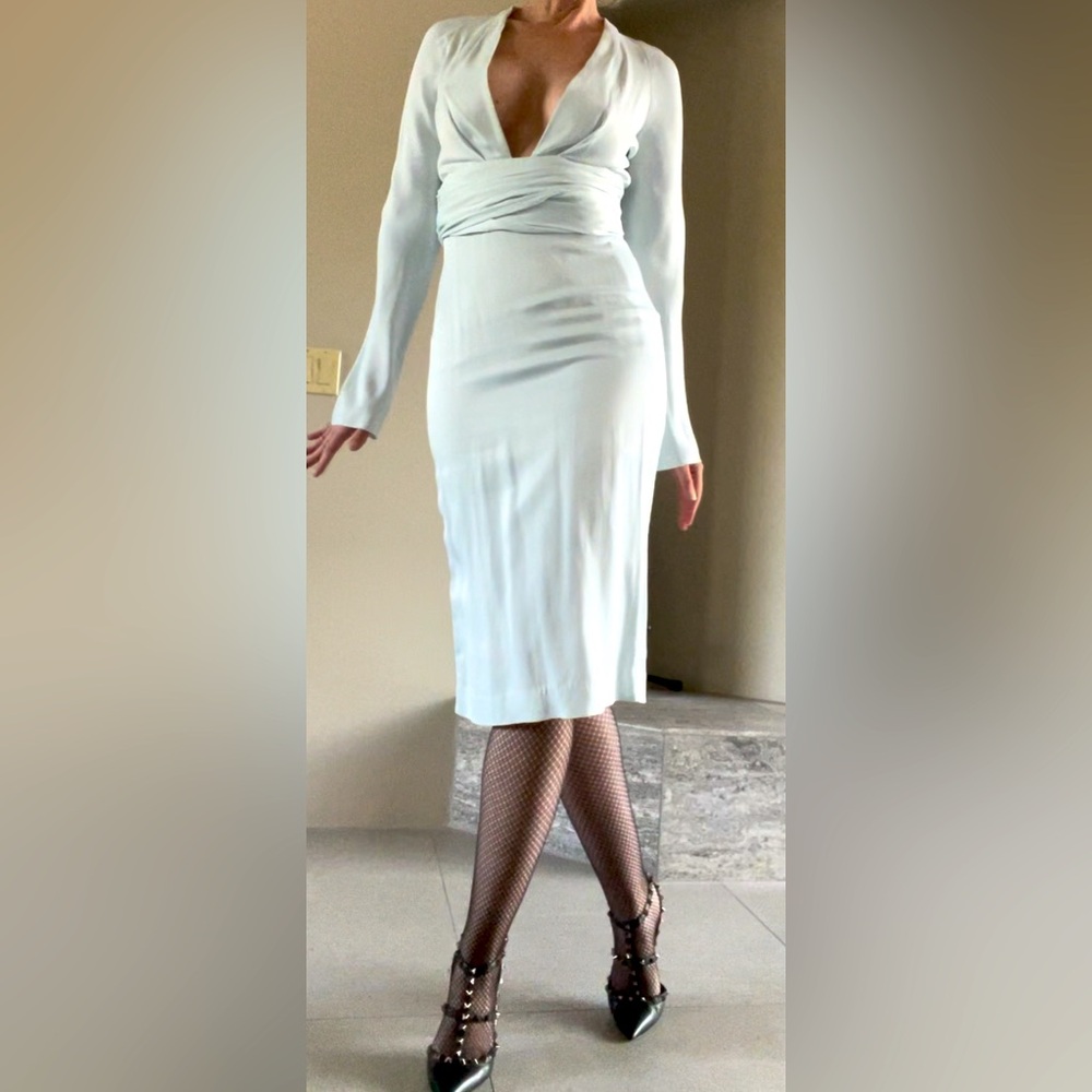 NWOT. Bec + Bridge ice blue silk midi dress, size 4.